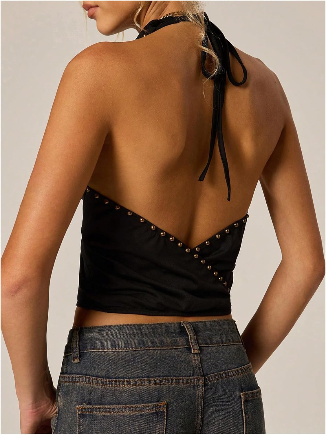 Milumia Women's Metal Draped Halter Top Studded Punk Y2K Sleeveless Crop Tank Tops Summer - Image 4