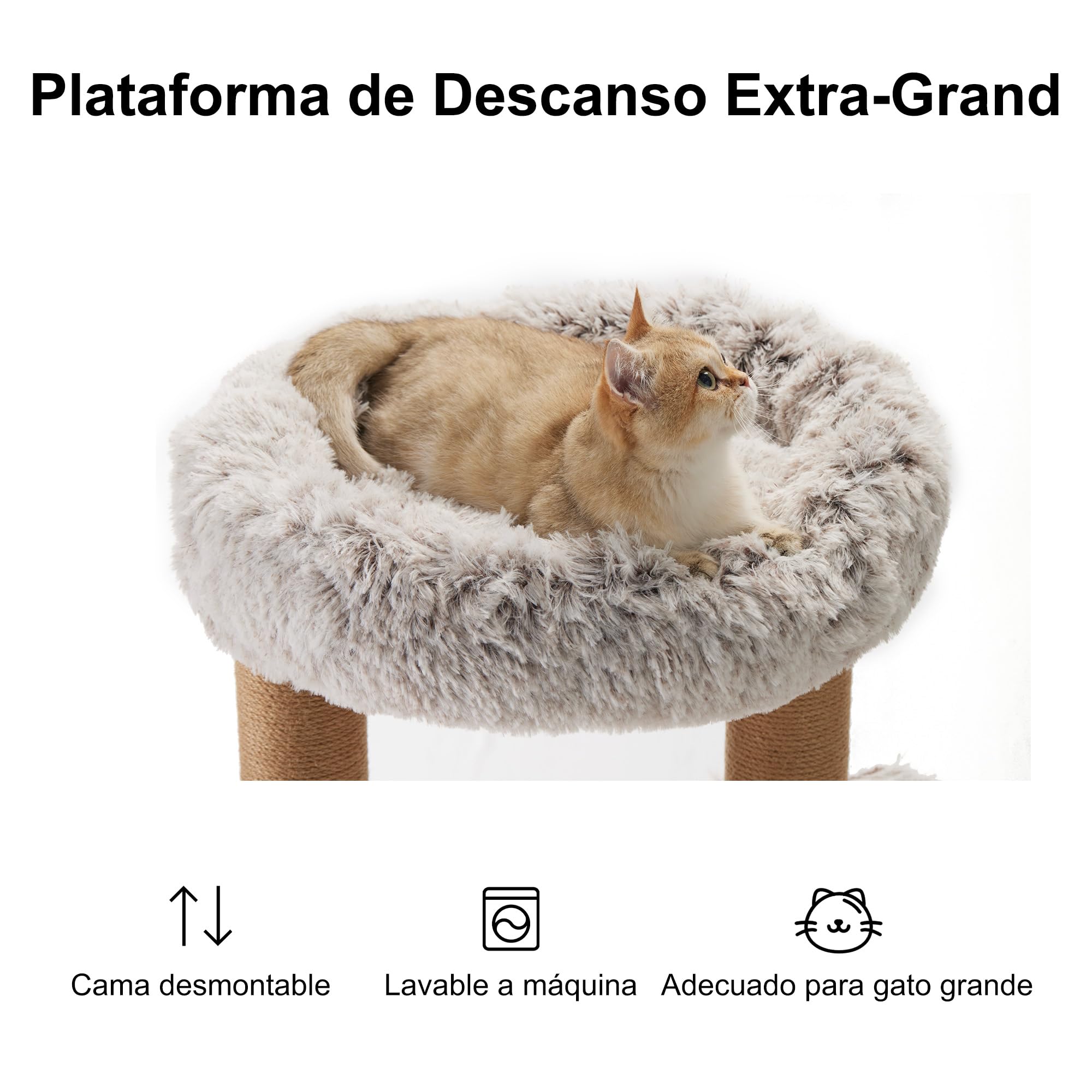 FUKUMARU Árbol rascador para Gatos 188 cm, Montaje en Pared, con Cama para Gato, Poste rascador, tapete rascador de Yute, árbol para Gatos de Madera de Goma Natural sólida, Felpa Suave, Gris Claro