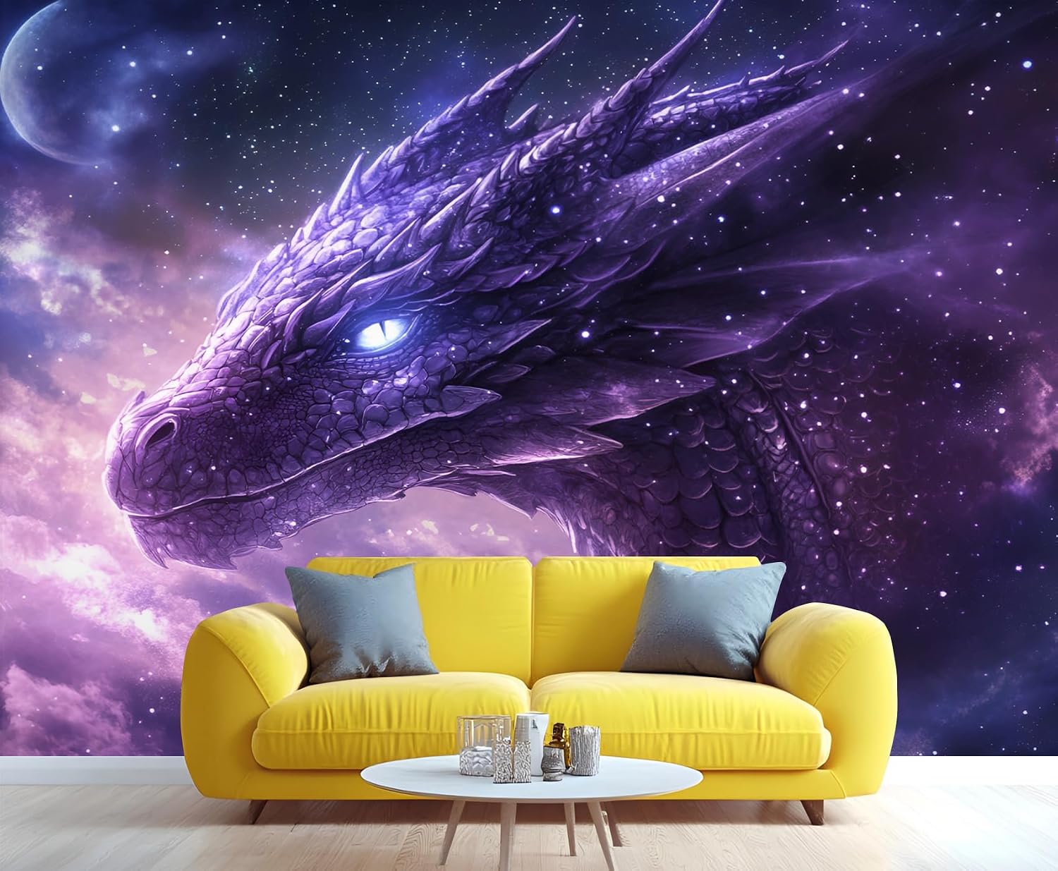 Peel and Stick Wallpaper - Dragon Wallpaper for Bedroom, Renter Friendly Wall Paper for Living Room, Fantasy Dragon Wall Paper & Mural - Purple Nebula Animal Large Home Decor
