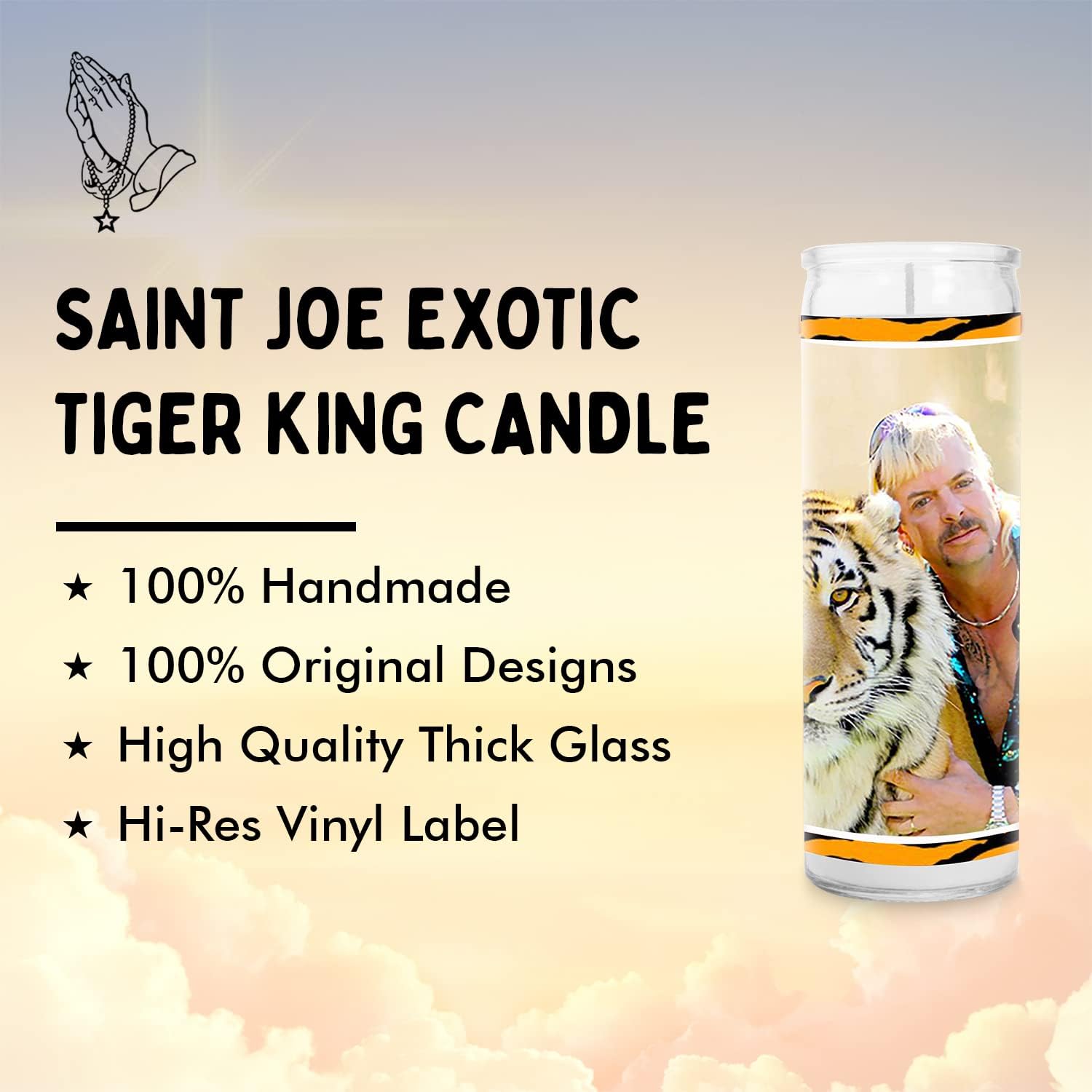 Joe Exotic Celebrity Glass Jar Candle – Unscented Handmade Soy Wax Votive Candle – Unique Gift for Tiger King Fans – Home Decor Collectible for Living Room & Office – 8 Inch