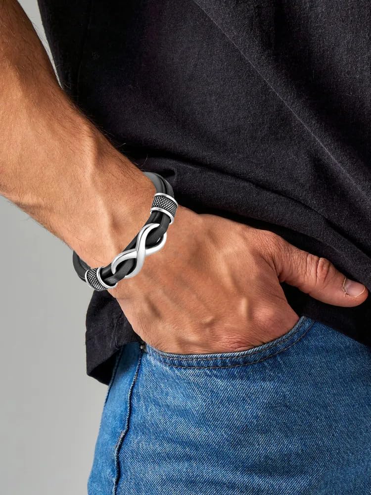 Infinity Bracelet for Men,Stainless Steel Silver/Black Men Infinity Leather Bracelet Wristband Cuff Bracelet 21 cm / 8.26 inches - Image 5