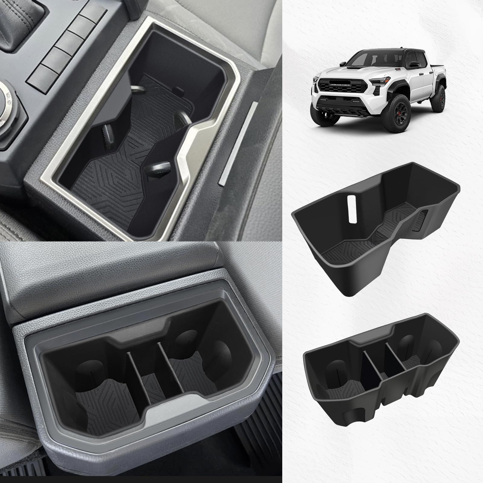 Muslogy Center Console Front&Rear Cup Holder Inserts Compatible with 2024 2025 2026 Toyota Tacoma Accessories Middle Console and Rear Armrest CupHolder Silicone Rubber Organizer 2PCS Set