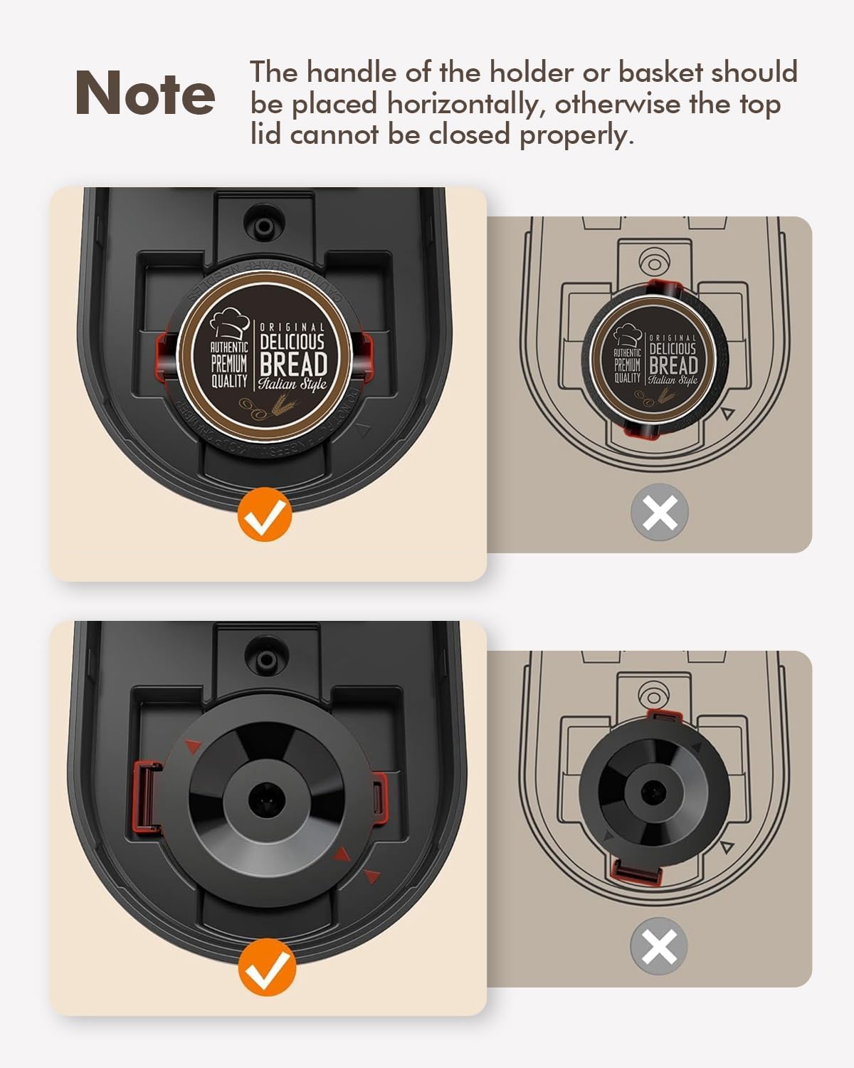Diagram showing correct placement of K-pod and ground coffee filter