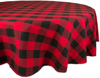 DII Buffalo Check Collection, Classic Farmhouse Tablecloth, 70" Round, Red & Black