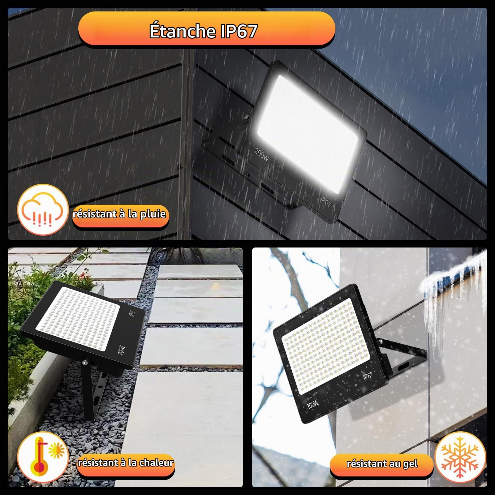 2 Pièces Projecteur LED 300W 30000LM 6500K IP67 | 300 LED Spot LED Extérieur Blanc Froid, IP67 Étanche, pour Terrasse Jardin Patio Garage Parking