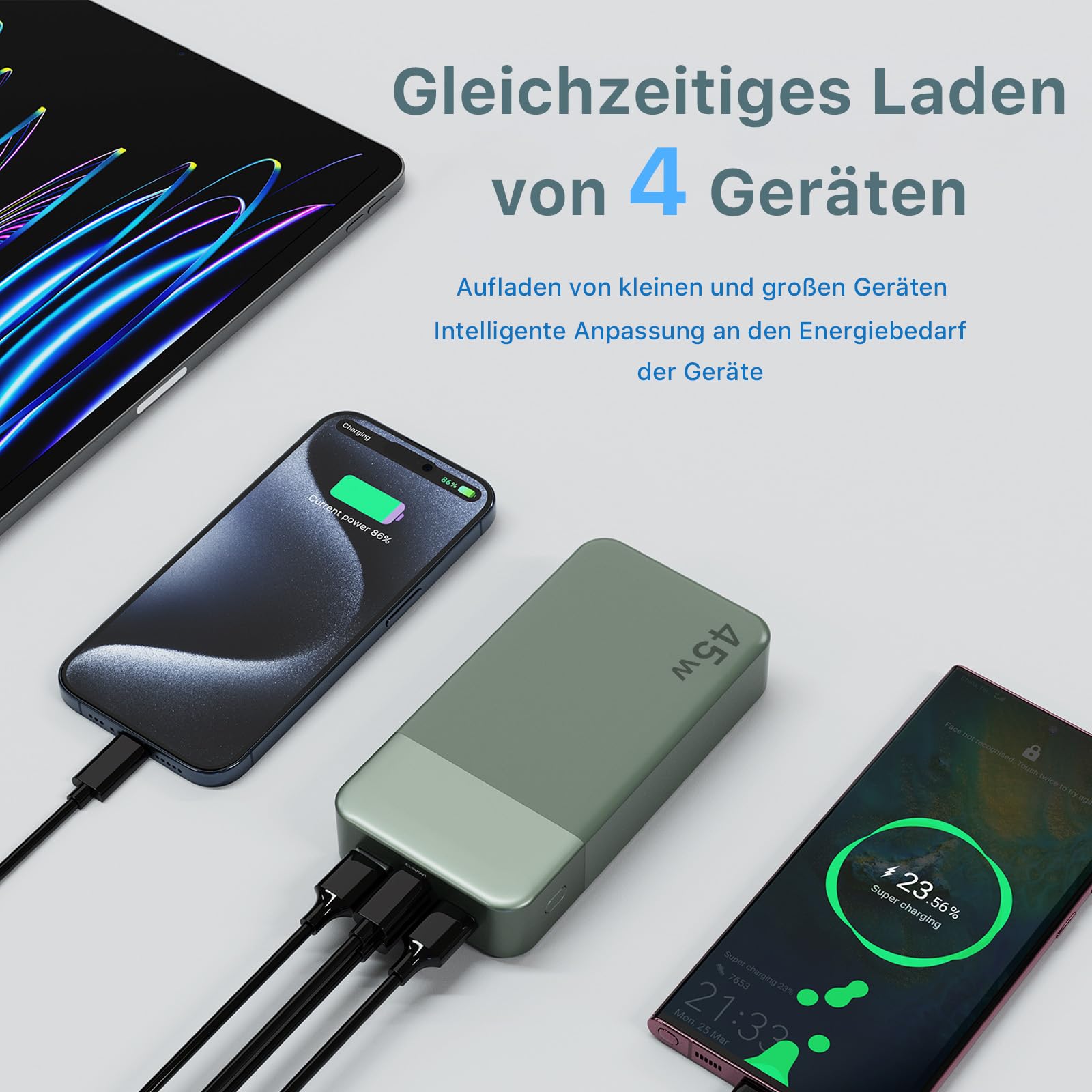 NOBIS Power Bank, Powerbank 20000mAh, 45W Externe Handyakkus Schnellladen, Externer Akku mit C zu C Kabel, Tragbares Ladegerät mit Digitalanzeige für Phone Android Laptop etc(Grün)