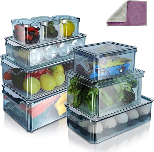 Midyb Refrigerator Organizer Bins Set of 9, Stackable Fridge Organisers with Lids, Fridge Storage Containers for Freezer, Pantry, Kitchen, Cabinets, Kitchen, Clear