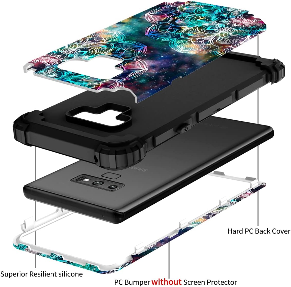 PIXIU for Galaxy Note 9 case, Unique Pattern Heavy Duty Shockproof 3 in 1 hybird Rubber stury Full-Body Protective case Cover for Samsung Galaxy Note 9 2018 Released (Mandala in Galaxy)