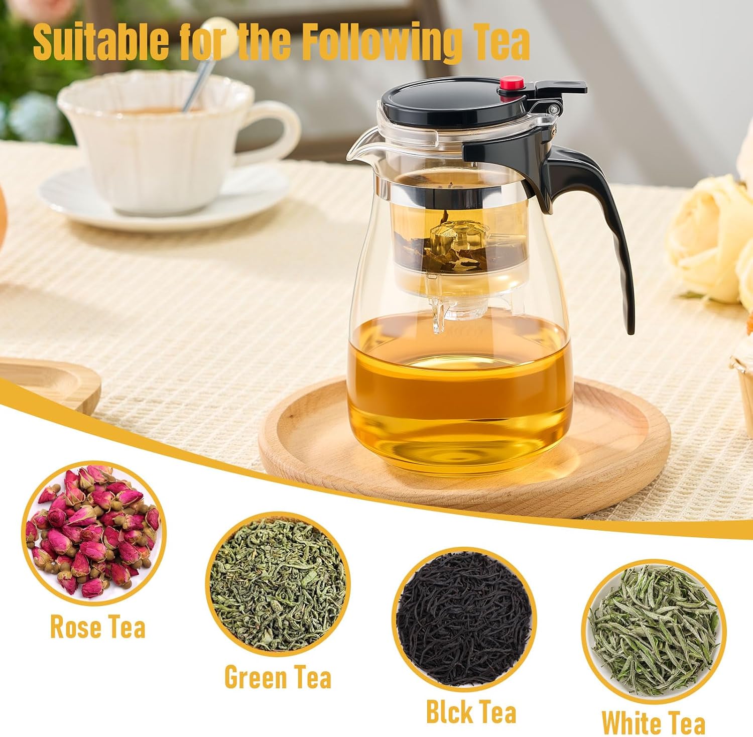 PARACITY Glass Teapot with Infuser, 33 fl oz Magic Teapot with One Button