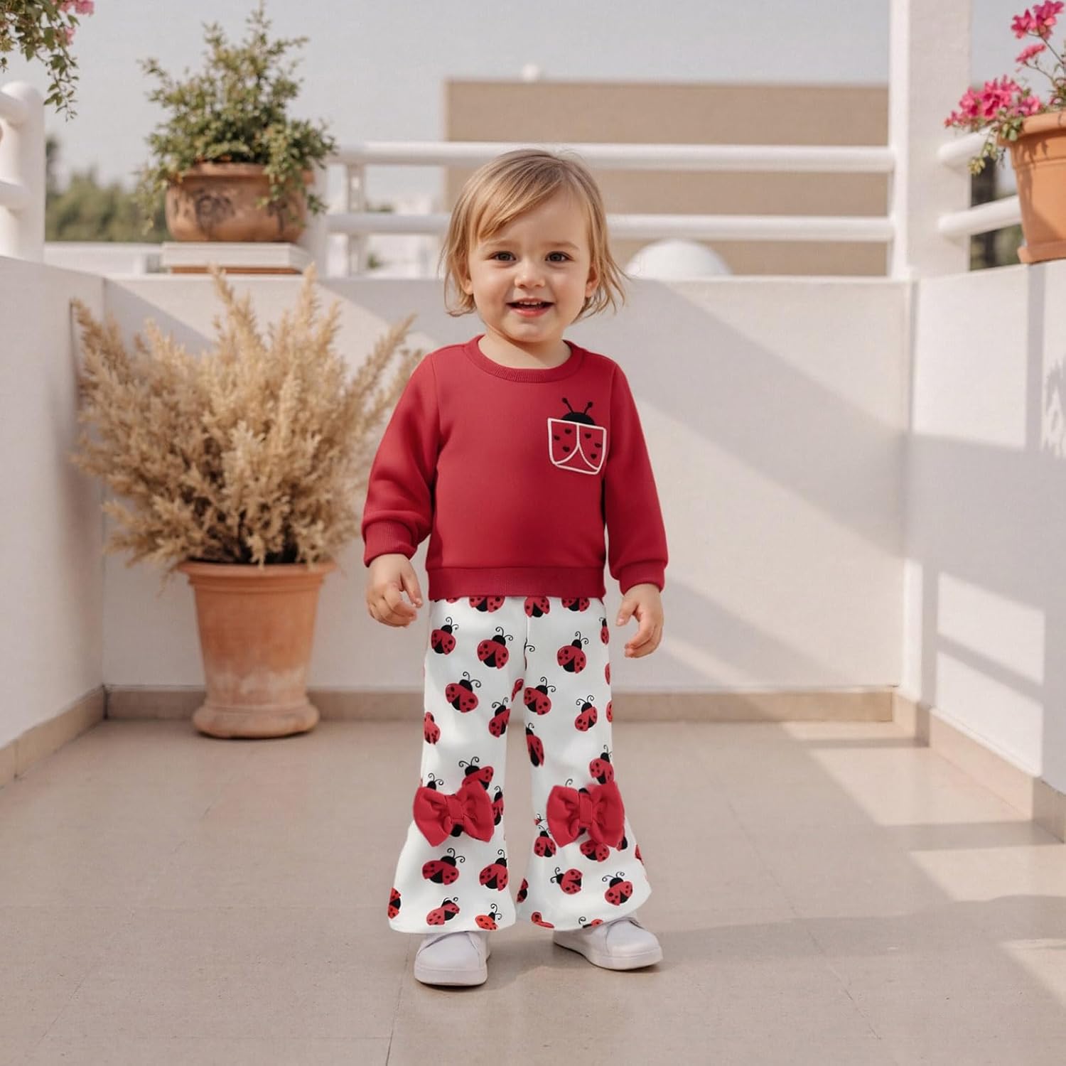 Fernvia Toddler Baby Girl Fall Clothes 2T 3T Long Sleeve Crew Neck LadyBird Bee Print Tops Flared Pants Winter Outfits - Image 2