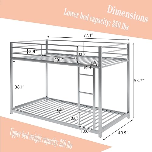 Miniatura 14 de Literas de metal de tamaño individual sobre individual, litera baja de metal para niños, marco de cama resistente con barandilla de seguridad y