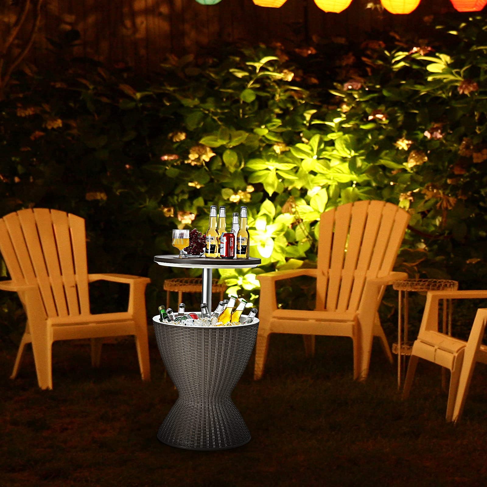 GIANTEX Kühlbox/Beistelltisch Polyrattan, 30 L Getränkekühler Cool Stool in Rattanoptik, Kühlbox mit Deckel & Abflussloch, Gartentisch höhenverstellbar (Hellbraun)