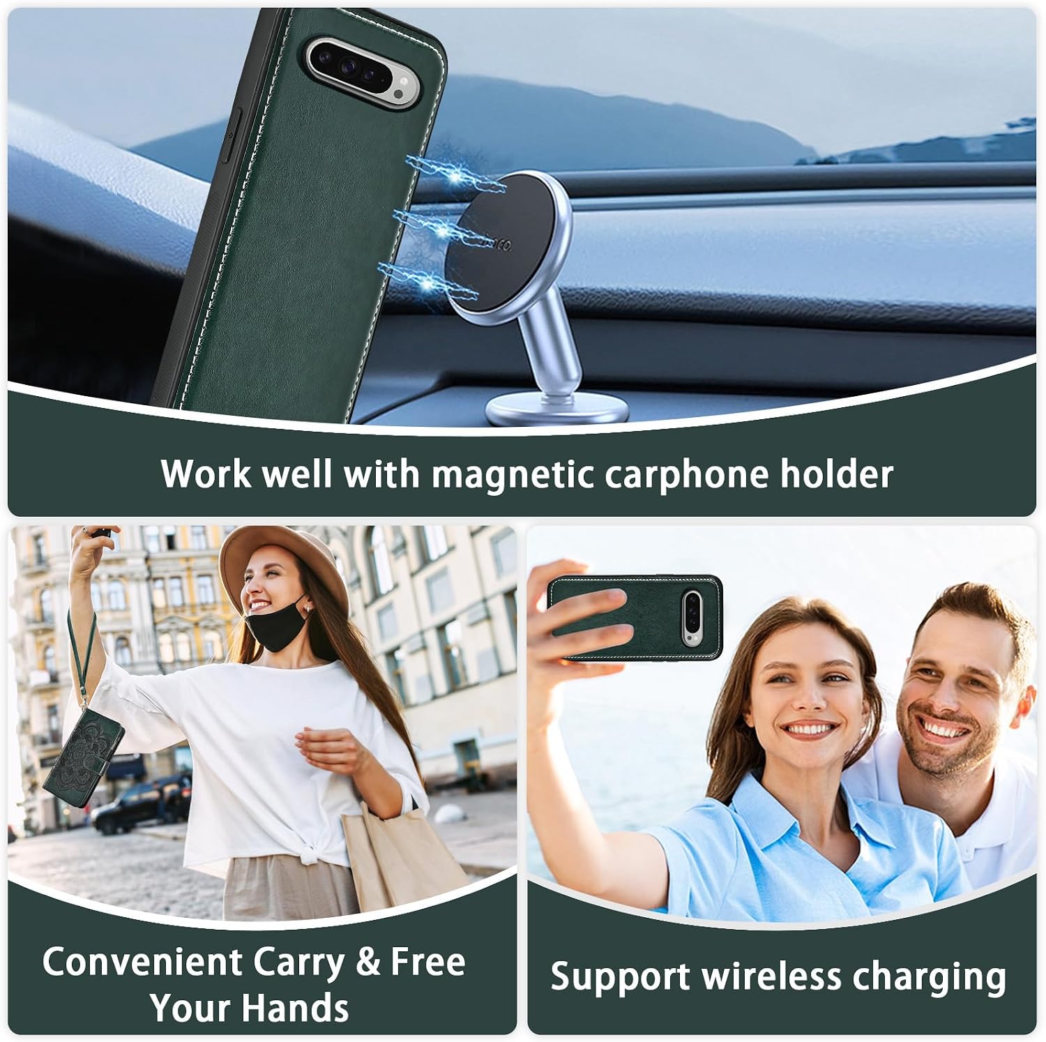 Asuwish Phone Case for Google Pixel 9 Pro XL Zipper Wallet Magnetic Cell Cover with Tempered Glass Screen Protector Crossbody Lanyard Strap Flower Card Holder Pixel9 9Pro 9ProXL Nine Women Dark Green