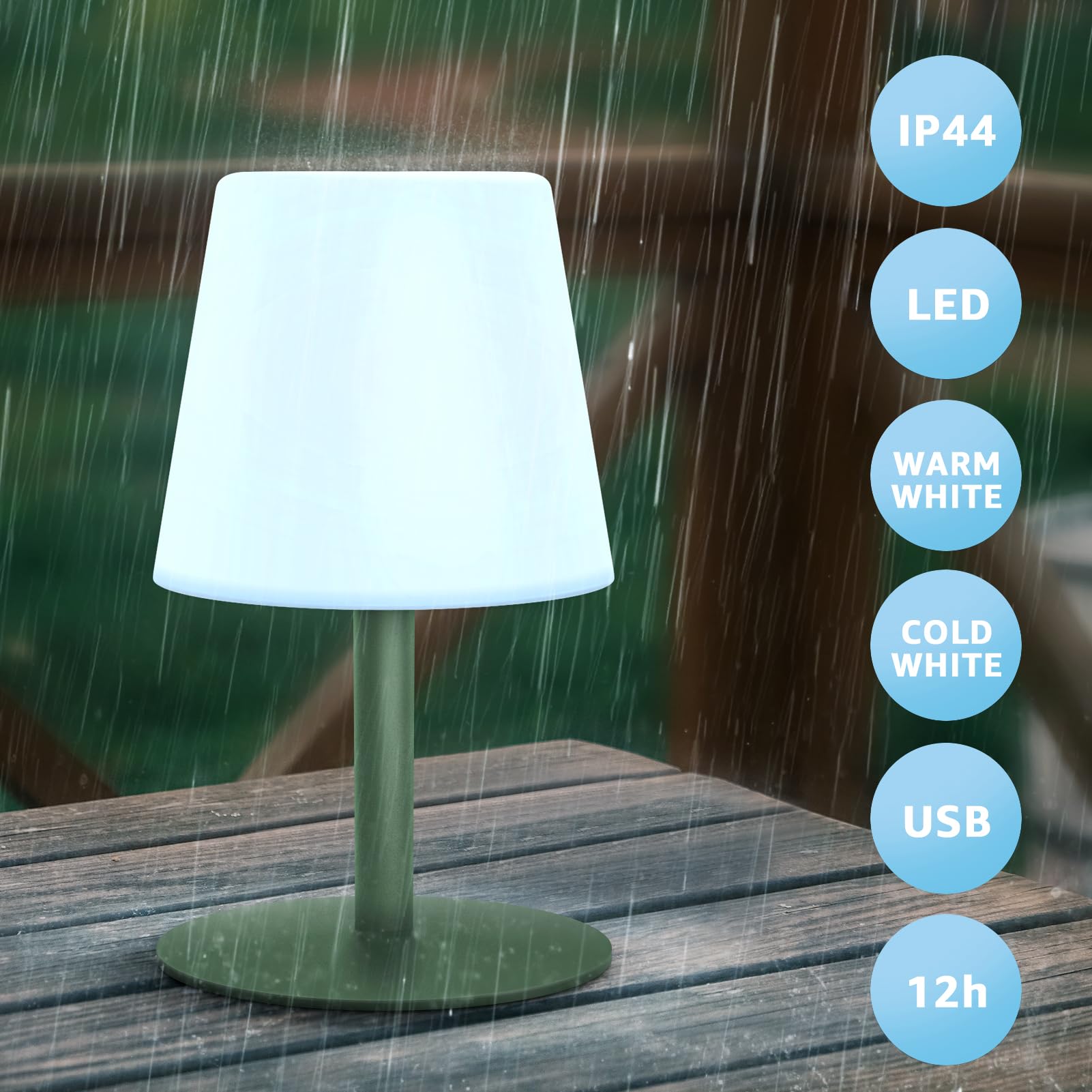 Lampe Exterieur Rechargeable 3000K ＆ 7500K 2 Luminosité Chargement USB Lampe de Table Sans Fil Lampe de Table LED IP44 Pour Terrasse Table de Repas Balcon Jardin (Gris vert)