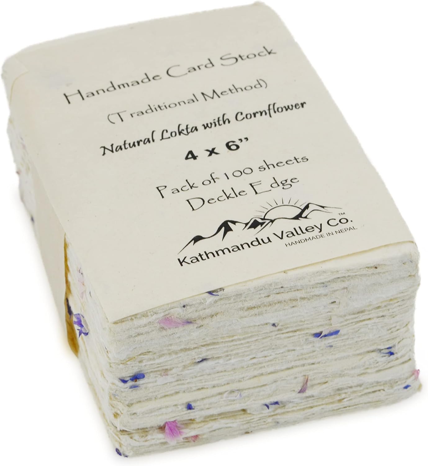Kathmandu Valley Co. 4x6 Inch Handmade Lokta Card Stock Paper with Decorative Cornflower and Deckle Edge. Tree-free Lokta Paper for Vintage Stationery, Thank-you Notes, and Invitations. (100 Sheets)