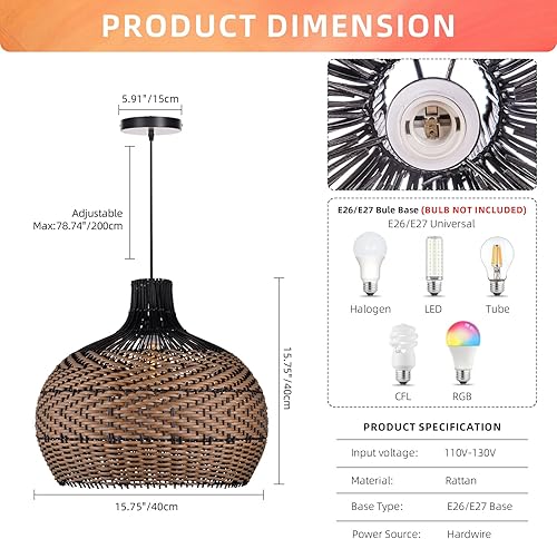 Miniatura 6 de Arturesthome Lámpara colgante de ratán para isla de cocina, candelabro de mimbre, tejido hecho a mano para colgar en el techo, pantalla para sala de