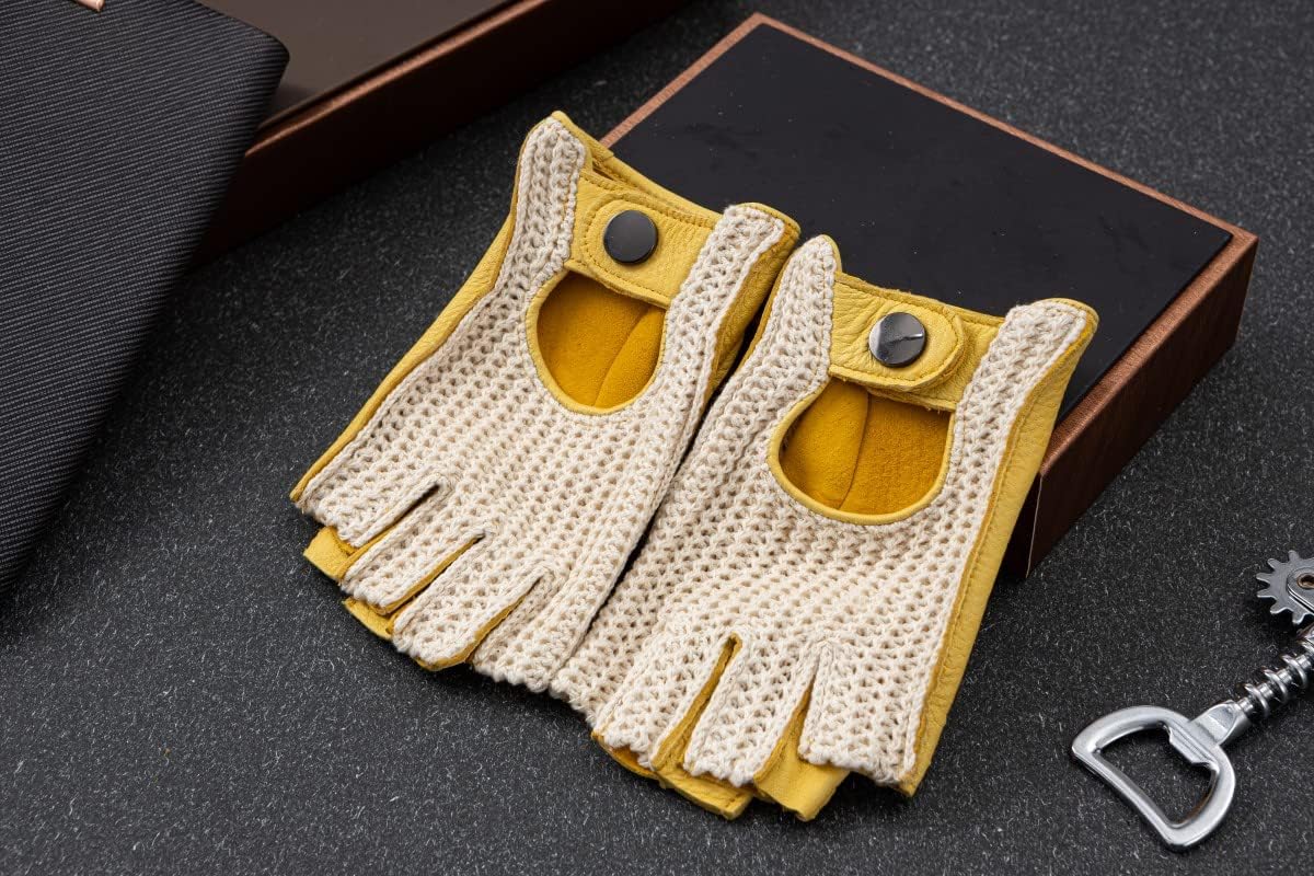 Fingerless Deerskin Leather Crochet String Back Gloves or Men - Driving, Motorcycle, Riding and Cycling