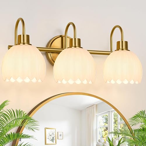 Vista 15 de Lámparas de baño de 4 luces, luces de tocador de 27 pulgadas de oro cepillado para baño con pantalla de tulipán transparente acanalado, accesorios