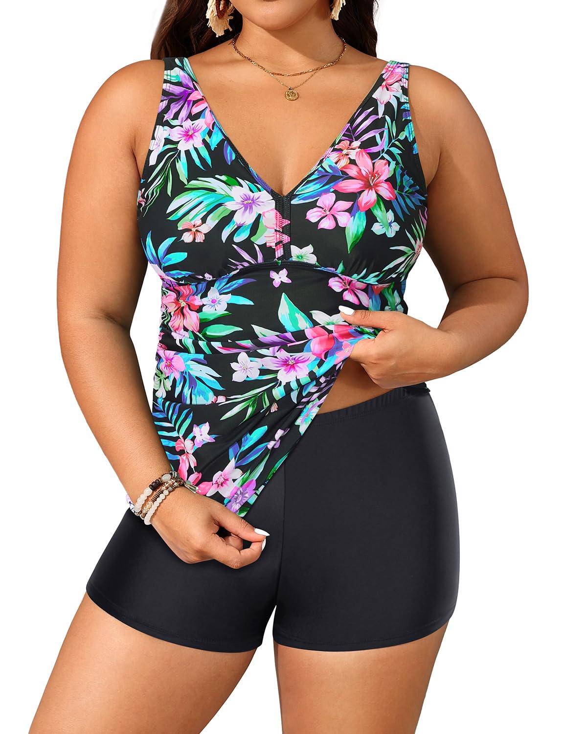 Womens Plus Size Tankini Two Piece Bathing Suits with Shorts Swimwear