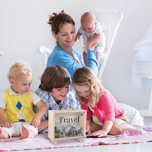 Miniatura 7 de Vesici Caja de fondos de viaje para adultos, caja de ahorro de dinero, maleta decorativa de vacaciones, banco de monedas de madera para bodas de