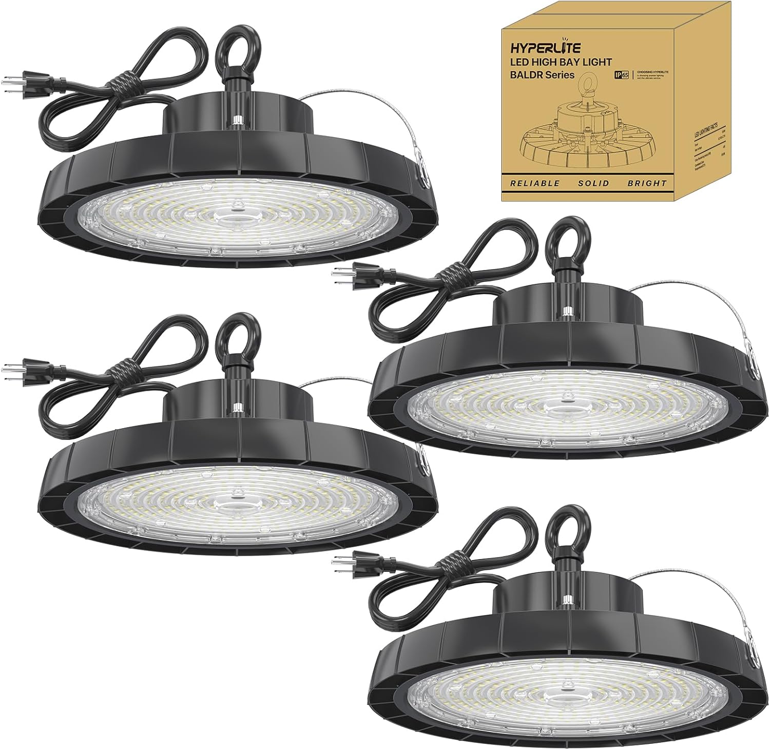 HYPERLITE UFO High Bay Lights: 200W 5000K LED Shop Lights 28000LM 4 Packs AC100-277V 5' Cable with Plug - UFO LED Light for Warehouse Basement Factory Barn