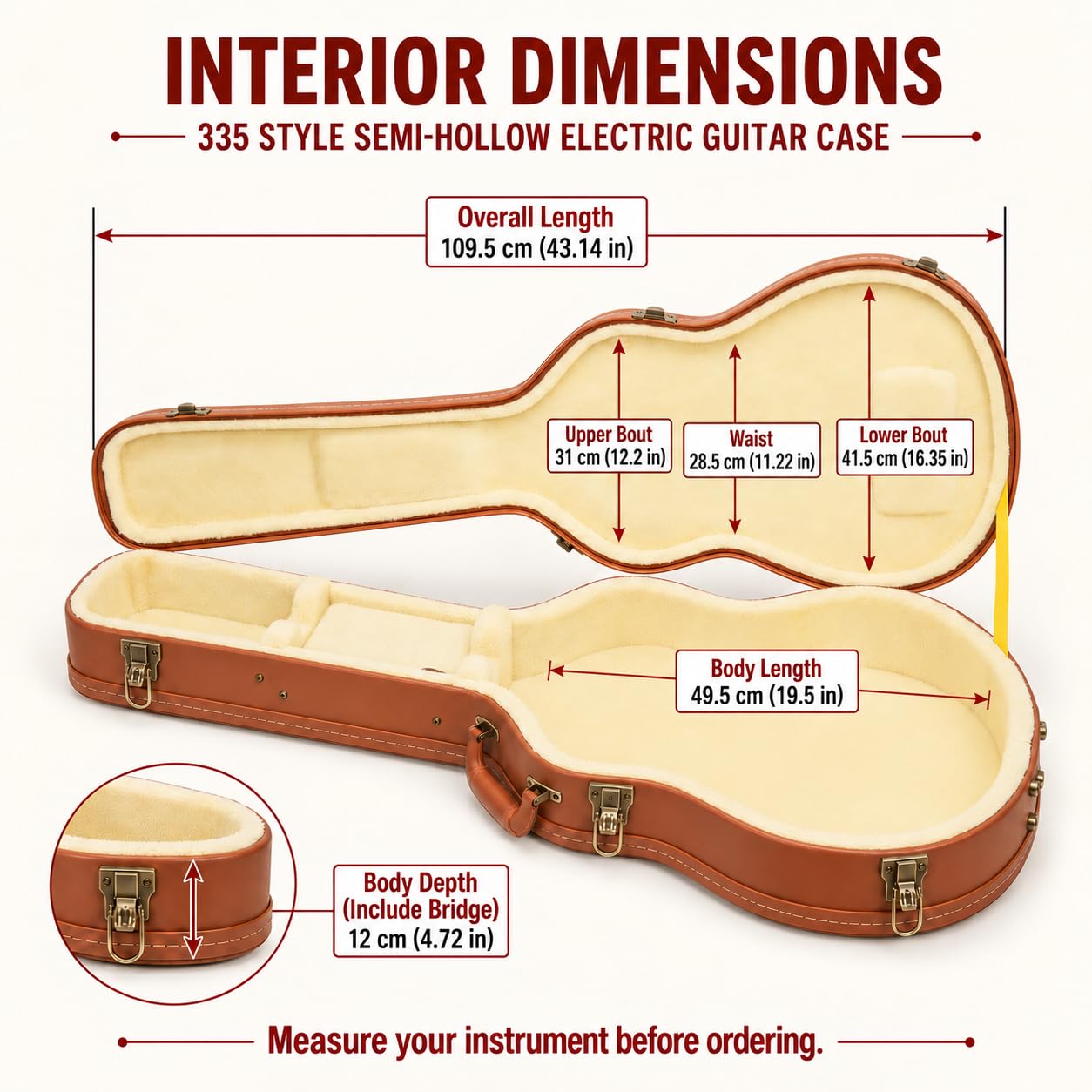 Crossrock Etui na gitarę Relief Series 335 do gitar elektrycznych ES-335 i półdrążonych gitar elektrycznych, rzeźbione wykończenie z czerwonego drewna, kość słoniowa, pluszowe wnętrze, zamek