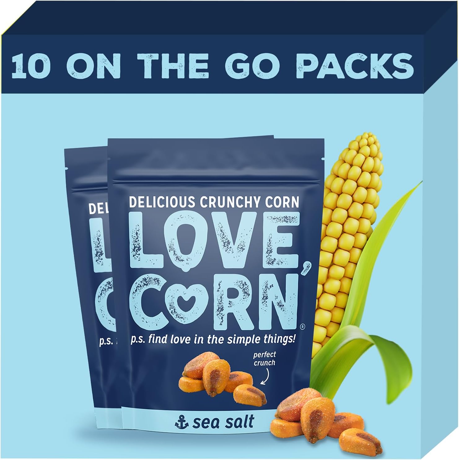 LOVE CORN Sea Salt Crunchy Corn Snack (10 x 45g) - High Fibre & Healthy, High Oleic Sunflower Oil, Gluten-Free, Vegan, Kosher, Low Sugar Crisps Alternative, Plant Based Graze, On-The-Go Snacks, UK