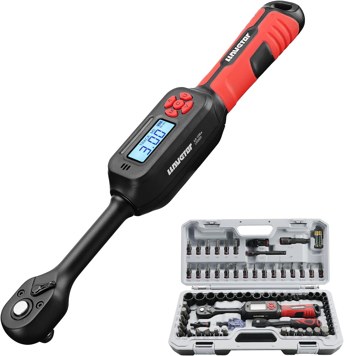 3/8" Drive Digital Torque Wrench, Digital Adjustable Torque Wrench 3PC Set, Interchangeable Head (Flex/Static/Ratcheting), 3-135N.m Wide Range, ±2%, LCD for Automotive Repair, Motorcycle, DIY