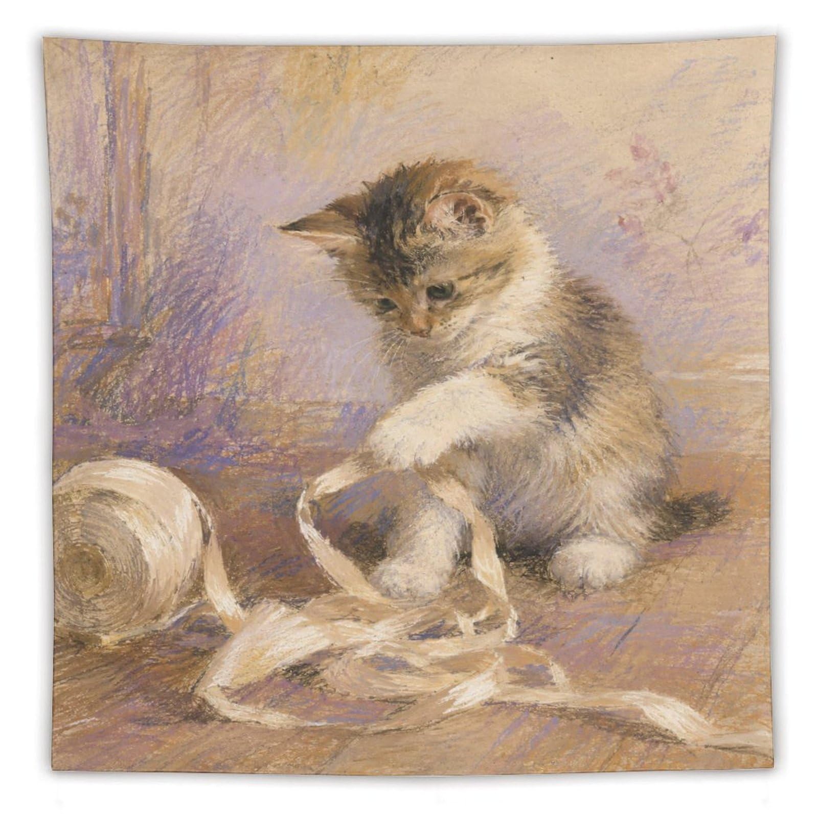 H3B8U2Y5 Kitten with Yarn Wall Tapestry, Watercolor Style, Room Divider