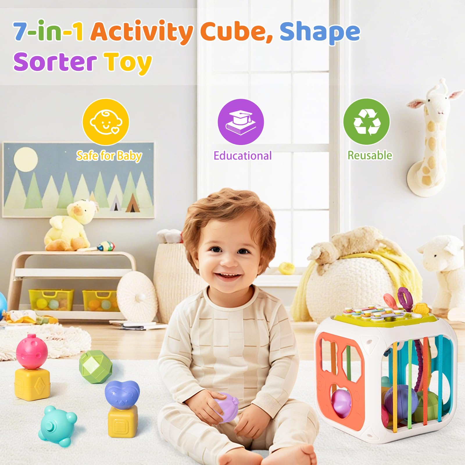 Juguetes Montessori 7 en 1 para niños de 1 año, clasificador de formas coloridas, juguetes para apilar y cuerda para tirar, juguetes para viaje en auto, relleno para calcetines 6