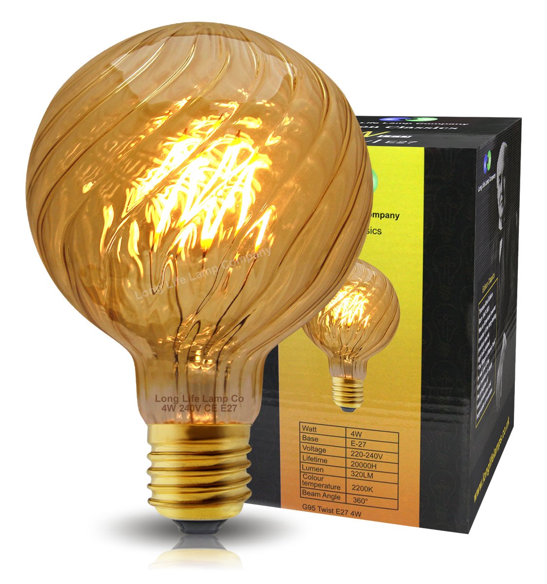 Long Life Lamp Company Gold Royal Vintage Led 4W Twisted Globe Edison Style Filament Bulb Smoked Glass G95 E27