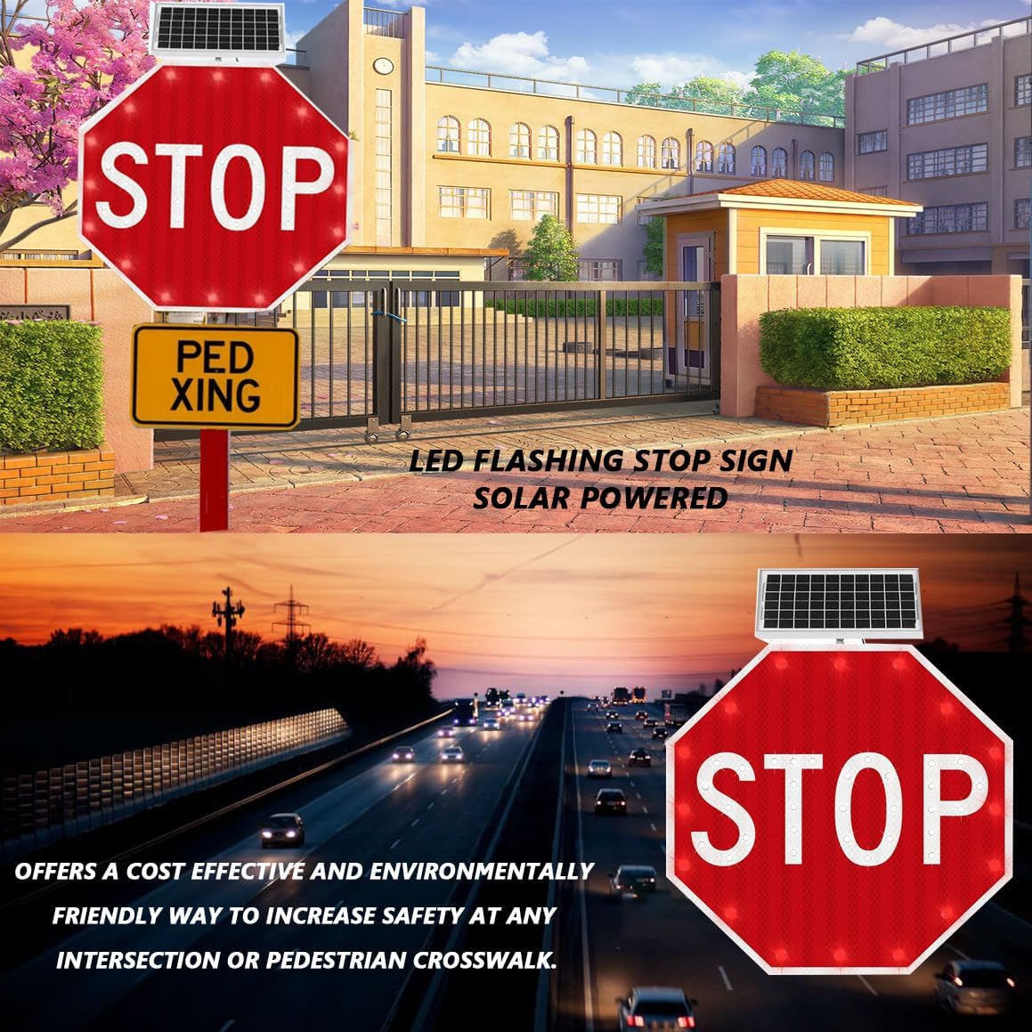 24" 30" Solar LED Stop Signs, Reflective Blinking Traffic Signal, Heavy Duty Aluminum, IP65 Waterproof, Windproof, Octagon Flashing Street Sign - 80cm (32in)