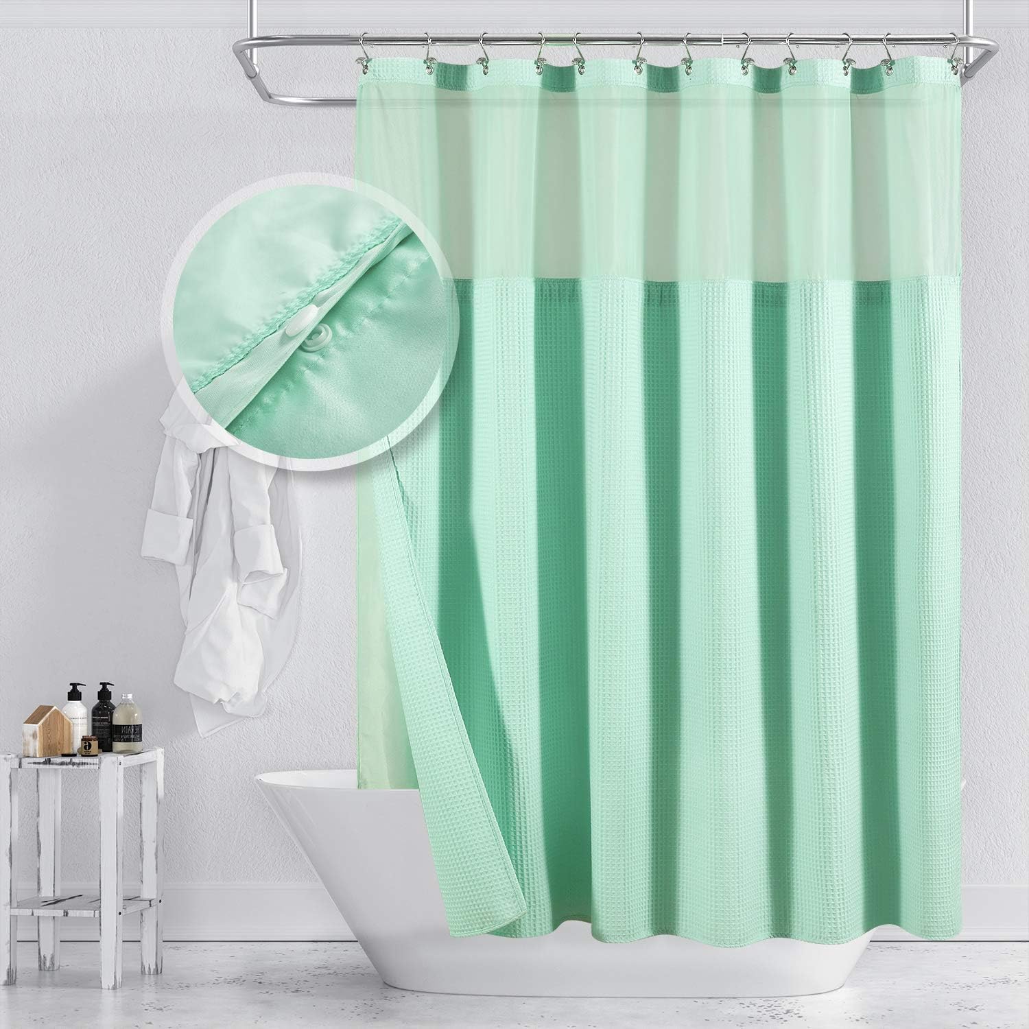 Barossa Design Cotton Blend Waffle Weave Shower Curtain with Snap-in Fabric Liner, Hotel Luxury Spa, Mesh Top Window, Machine Washable, Light Turquoise, 71x72 Inches