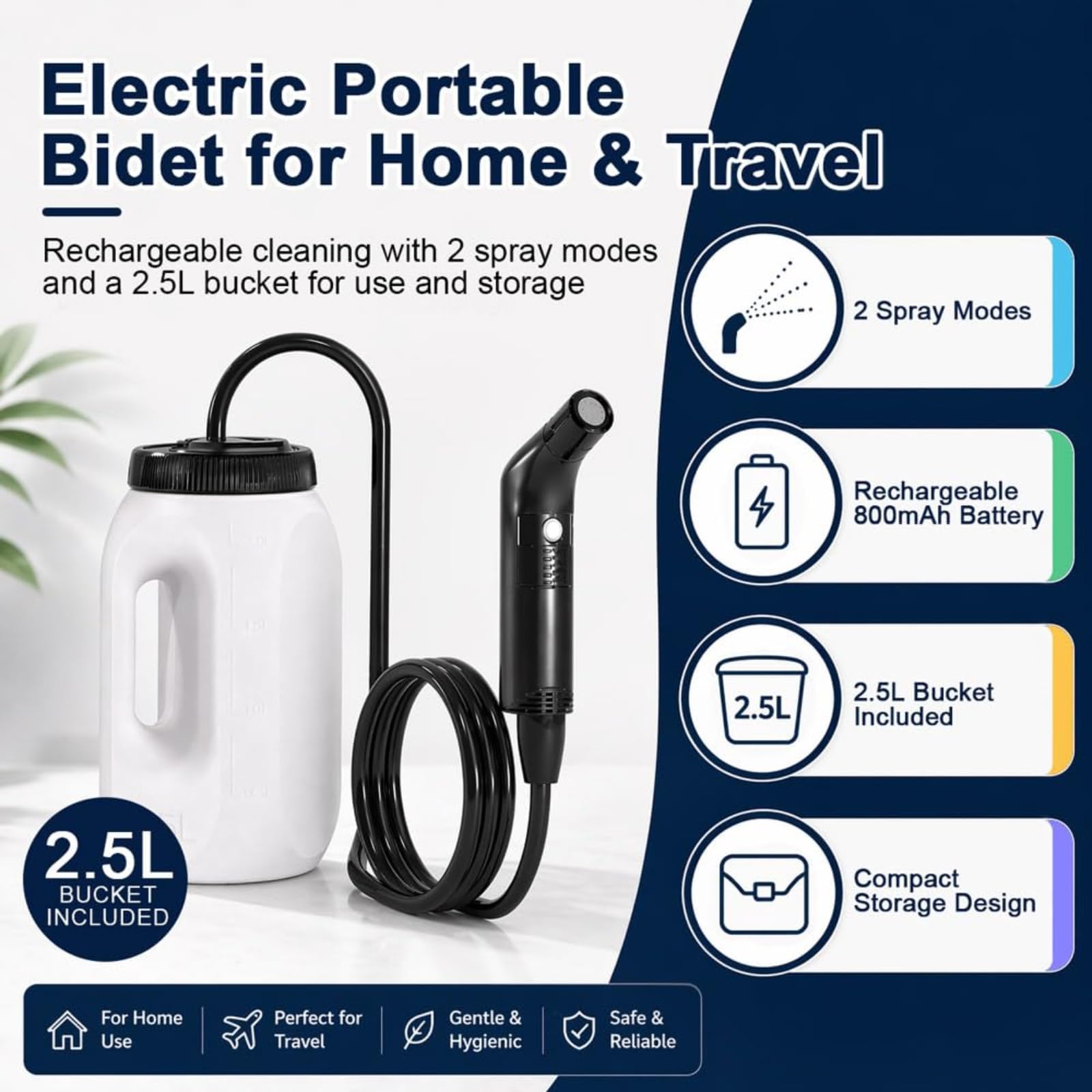 Rociador de bidé eléctrico portátil con tanque de agua de 2,5 l | Batería recargable de 800 mAh, presión de agua ajustable para viajes e higiene personal(white)