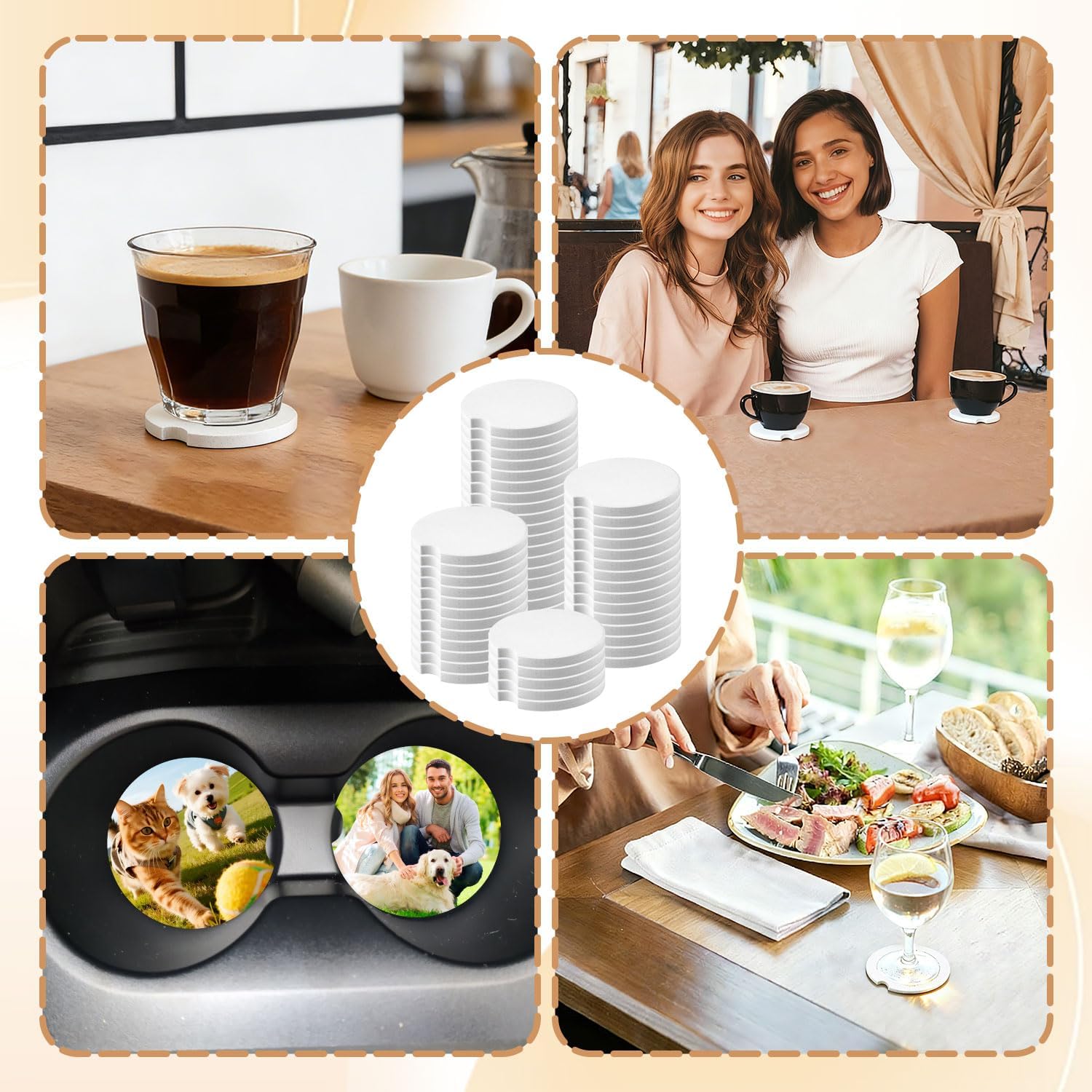 312 Pcs Ceramic Car Coasters, 2.64'' Sublimation Coasters Blanks with Bags and Cards Set, Ceramic Car Coasters for Cup Holder with A Finger Notch for DIY Crafts