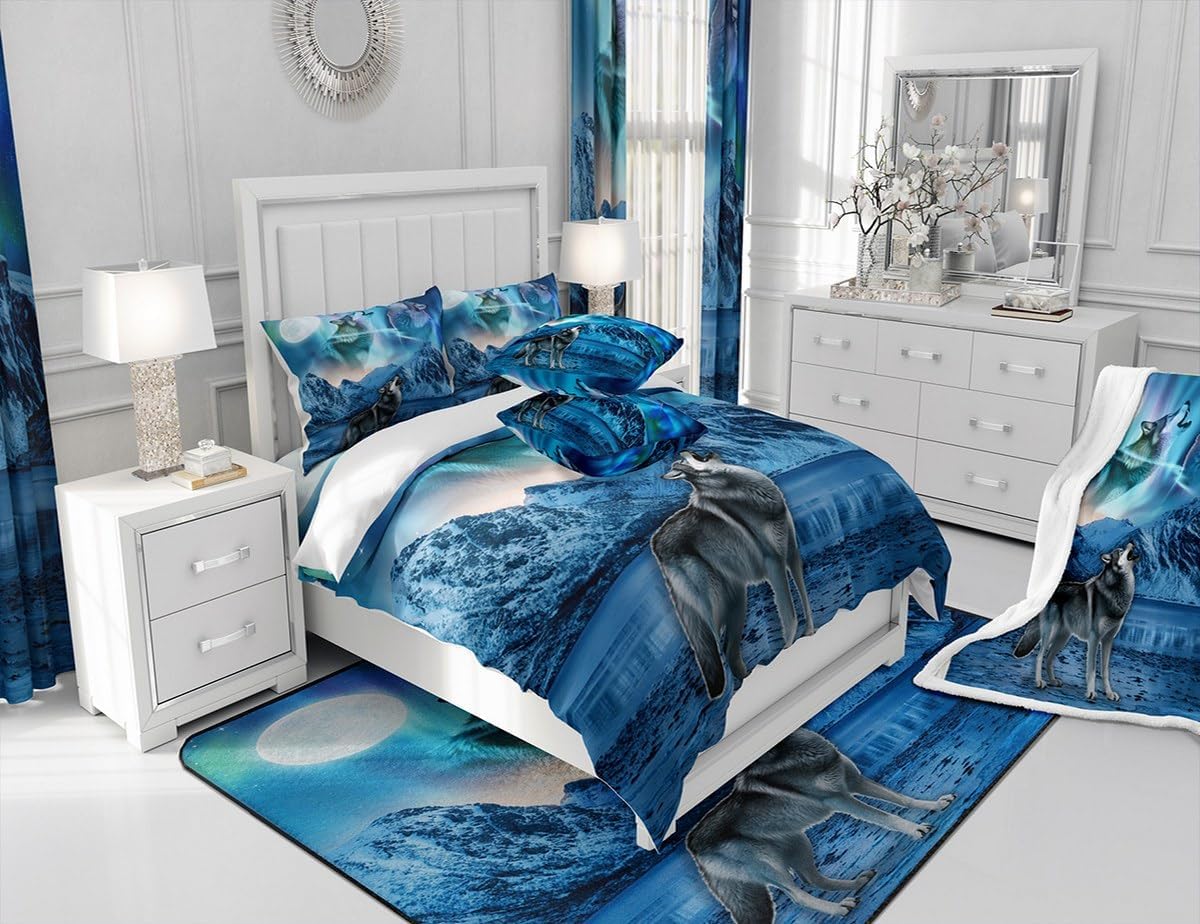 Feelyou Wolf Bedding Bed Skirts Queen Size Wolves Howling Bed Skirt for Boys Teens Decor Aurora Dust Ruffle Pleated Bedskirt Moon Wolf Bedroom Mountain Fitted Sheet 3Pcs
