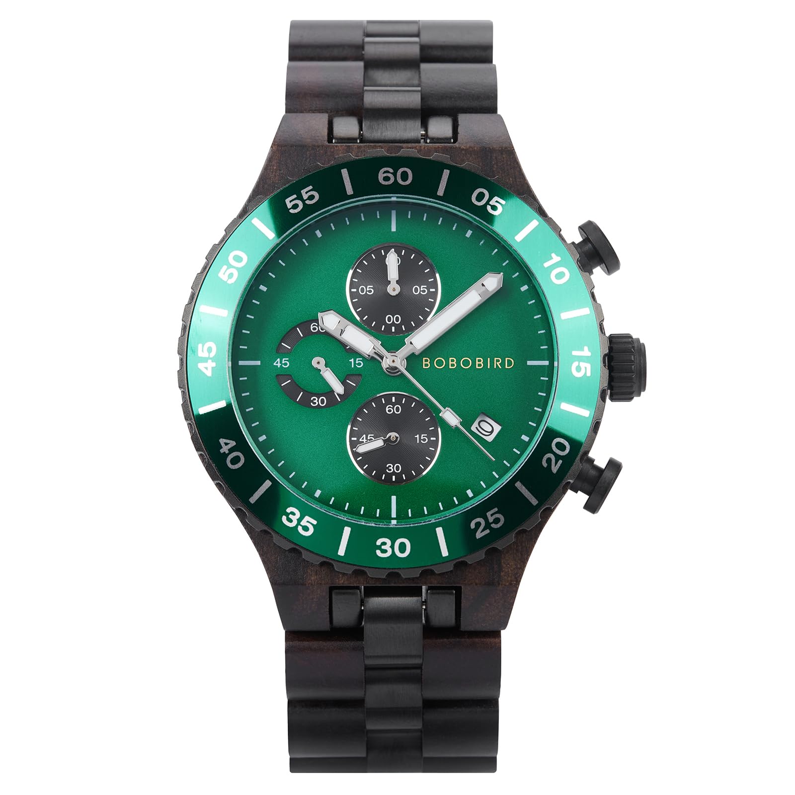 BOBO BIRD Orologio da uomo in legno, cronografo, al quarzo, con datario, quadrante grande 43 mm, lancette luminose, orologio da polso in legno naturale e acciaio inossidabile, regalo per lui