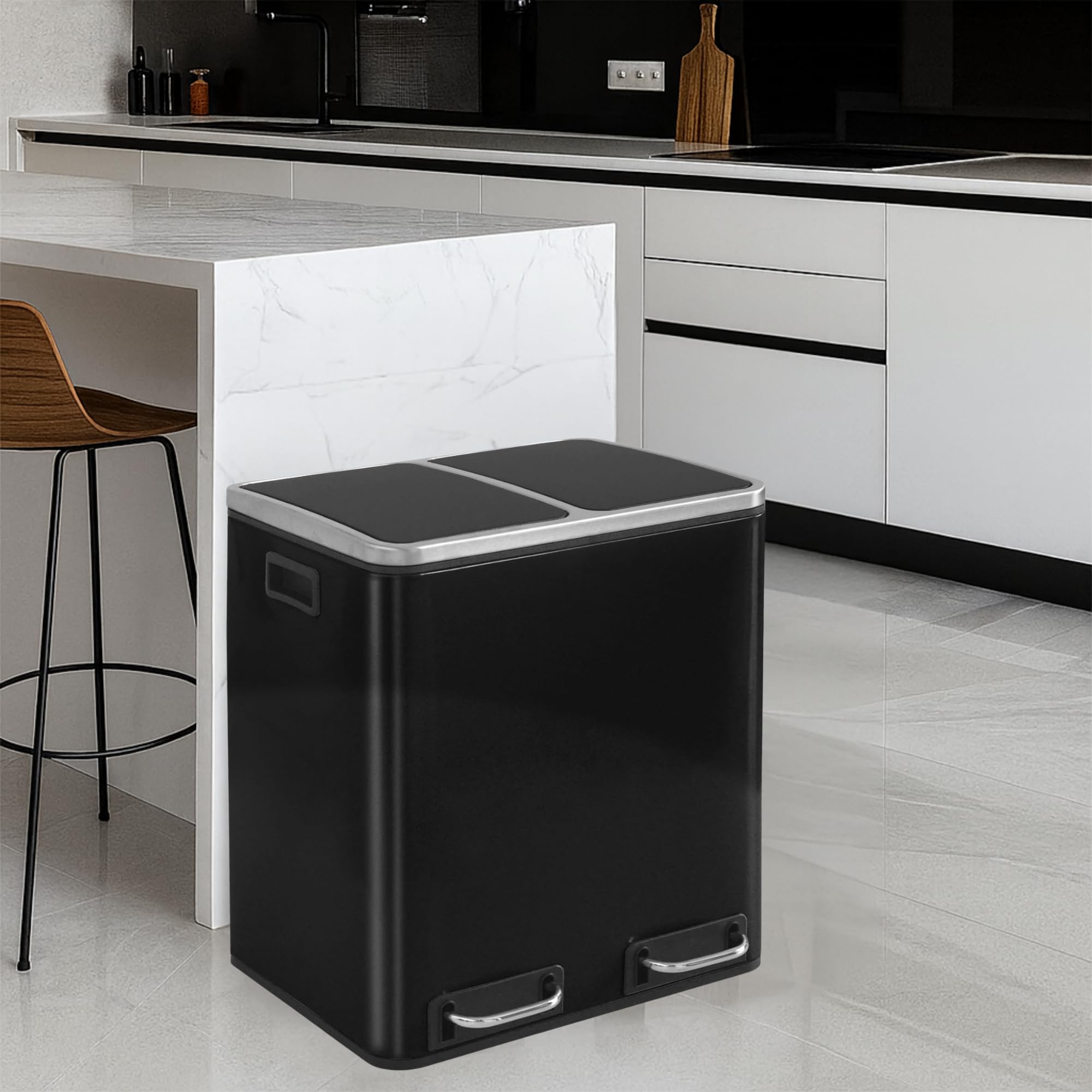 casa pura Pattumiera con 2 Scomparti – 2 x 15 Litri, Secchio Interno Rimovibile con Manico, Coperchio con Chiusura silenziatore, Sistema di Raccolta dei rifiuti, pattumiera per Cucina e Ufficio