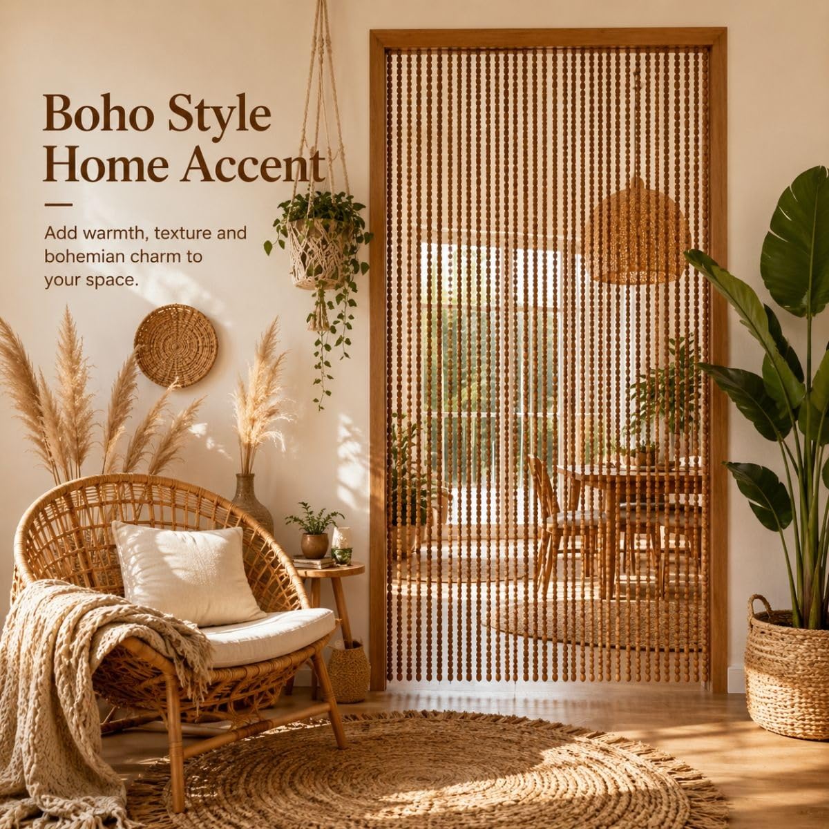 Generisch 90 Stränge Bambus Perlenvorhang Tür 90x200cm, Holz Raumteiler Vorhang Boho Sichtschutz Balkon, Fliegenvorhang Balkontür Außen Insektenschutz Terrassentür Outdoor(Teak,80x200cm)