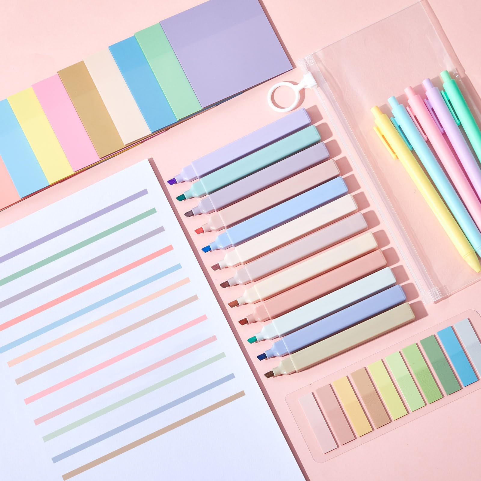 Jutom 38-teiliges Buch-Anmerkungs-Set, ästhetische Textmarker, Gelstifte, Haftnotizen, Marker, doppelseitiger Textmarker, schnell trocknende Tintenstifte für Büroanmerkungen, Bücher (Pastellfarbe,