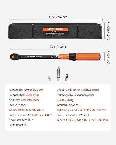 Miniatura 49 de VEVOR Llave dinamométrica de clic de 1/2 pulgada 25-250ft.lb/34-340n.m, juego de llaves dinamométricas ajustables de doble dirección, juego