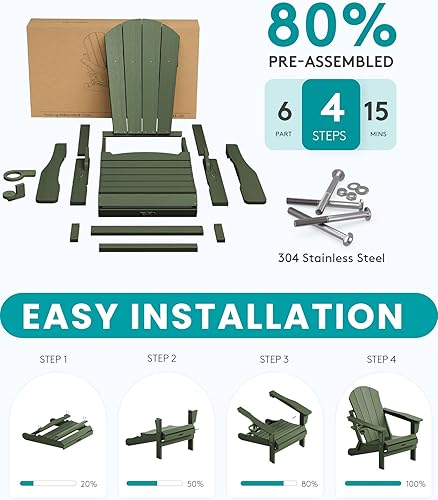Miniatura 6 de SERWALL Juego de 2 sillas Adirondack plegables para patio, jardín, exteriores, sillas para fogatas - Verde aguacate Militar