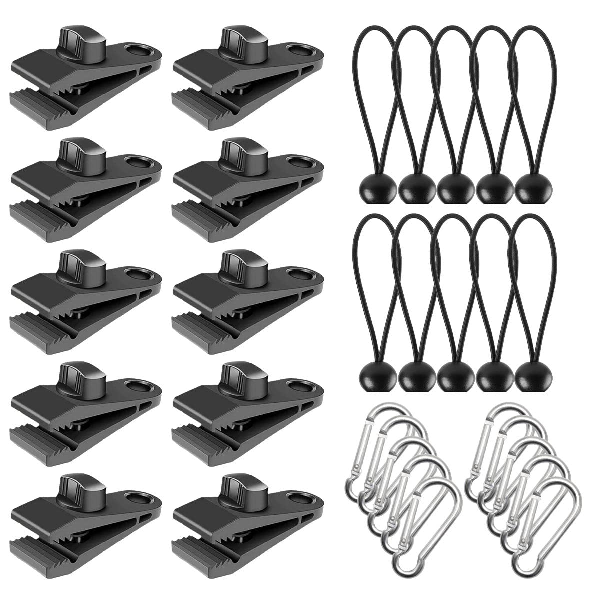 Sets Clip de Bâche, Clips Plastique Noir, Clip Tente avec Tente Pince Bâche 10 Crochets à Clip, 10 Cordes Connectées et 10 Mousquet