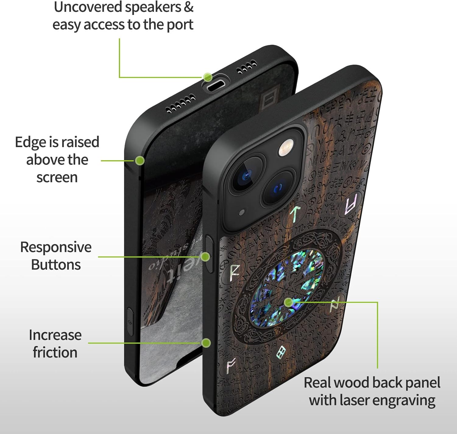 Carveit Designer Wooden Protective Case for iPhone 13 Magnetic Cover [Wood Engraving & Shell Inlay] Wood Phone Case Compatible with iPhone 13 MagSafe 6.1 Inch (Viking-Blackwood) - Image 6
