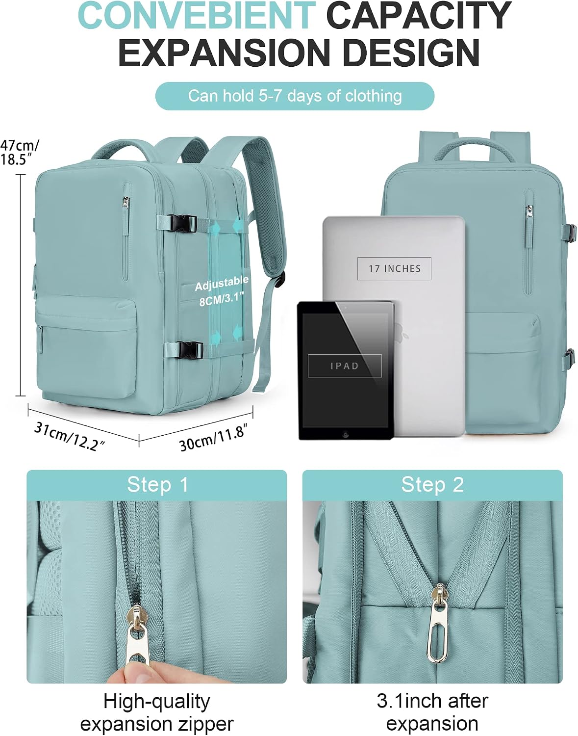 WONHOX Mochila grande para laptop de viagem, expansível, aprovada por voo, mochila de mão para mulheres e homens, impermeável, 43.2 cm, mochila para laptop, caminhada, trabalho, com compartimento para