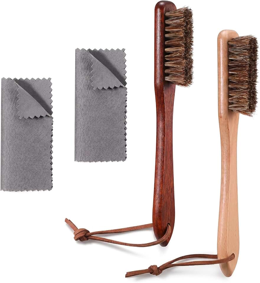 Gjinxi 2 PCS Horsehair Detail Silver Brush Silverware Cleaning Brush Set Professional Polishing Applicator with Microfiber Shoe Cloth Premium Shine for Jewelry Sterling Silver Plateware Cleaner