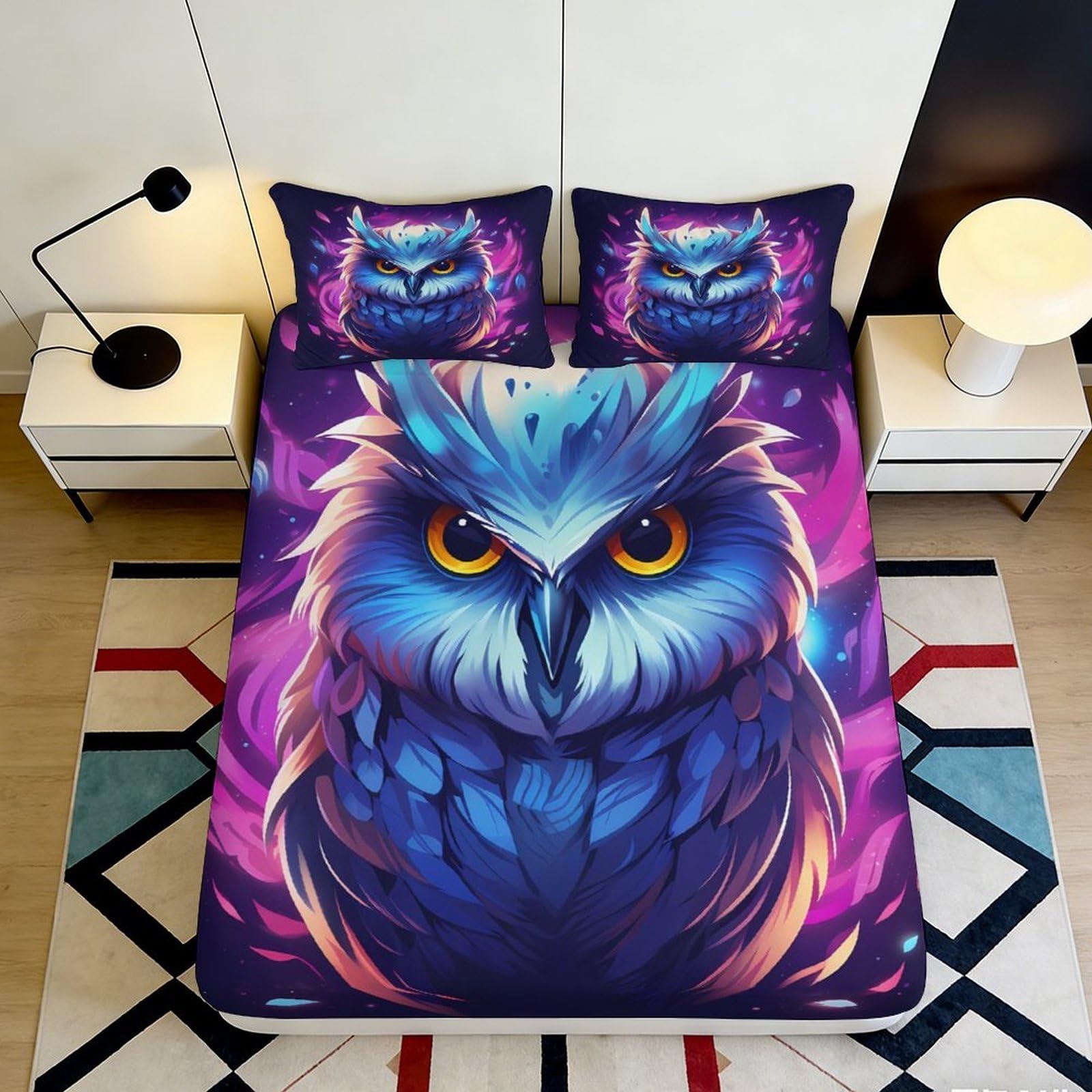 3D Printed Vibrant Owl Fitted Sheet Microfiber Bedroom Decor Purple Blue Artistic Mattress Cover for Home Dorm 90x200x25cm