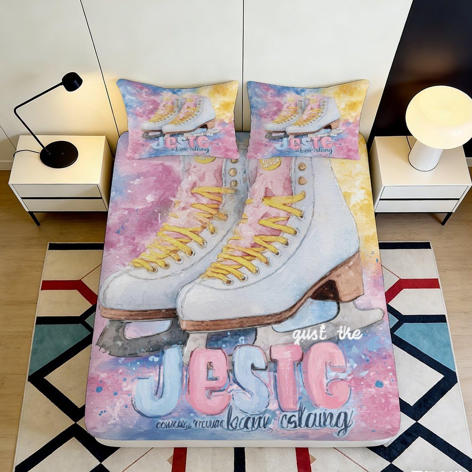 3D Printed Ice Skate Pattern Fitted Sheet Microfiber Deep Pocket Non-Slip Bedroom Bedding Ice Skating Mattress Fitted Cover 90x200x25cm