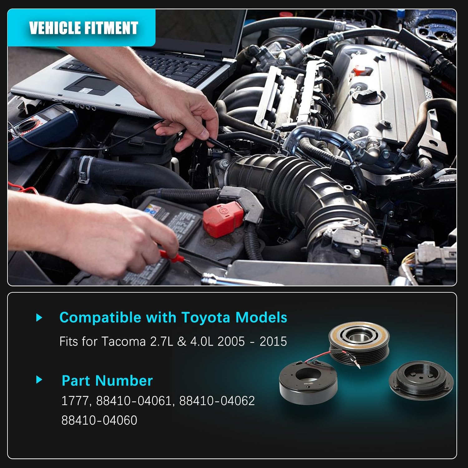 A/C Compressor Clutch Kit Pulley Coil Fit for Toyota Tacoma 2.7L & 4.0L 2005-2015 AC Compressor Aftermarket Replacement OE#88410-04061, 88410-04062, 88410-04060