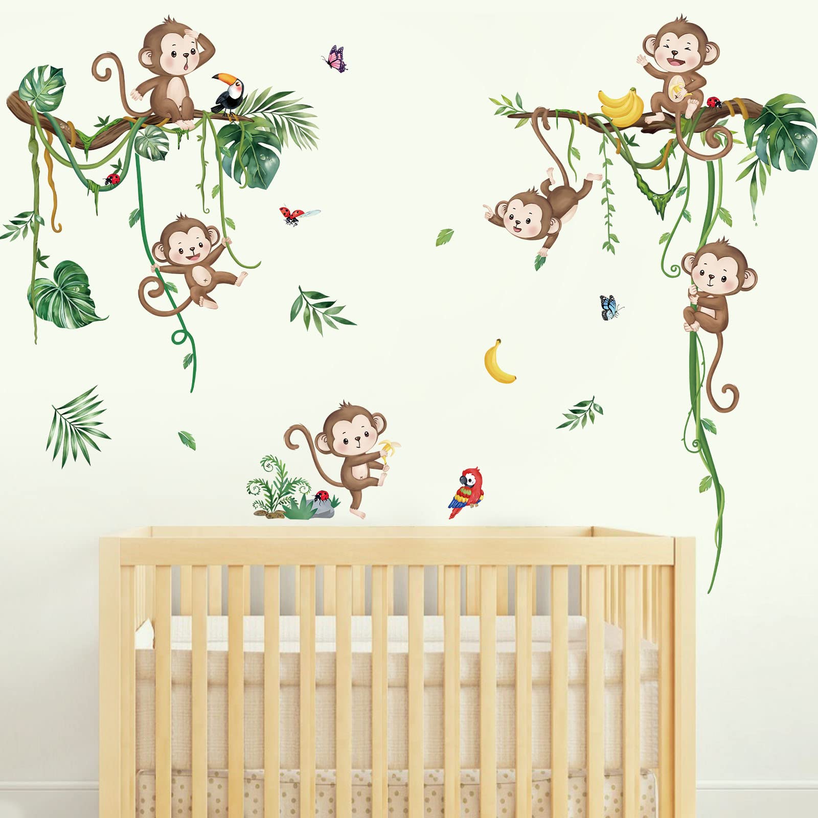 decalmile Pegatinas de Pared Animales de la Jungla Mono Vinilos Decorativos Mono Vid Hojas Rama de árbol Adhesivos Pared Habitación Infantiles Niños Bebés Guardería